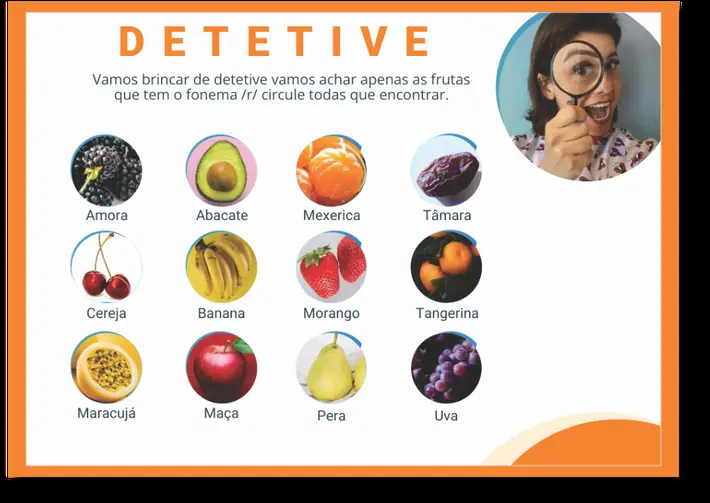 Página real de uma atividade dos pacotes: jogo do detetive com frutas para o fonema /r/